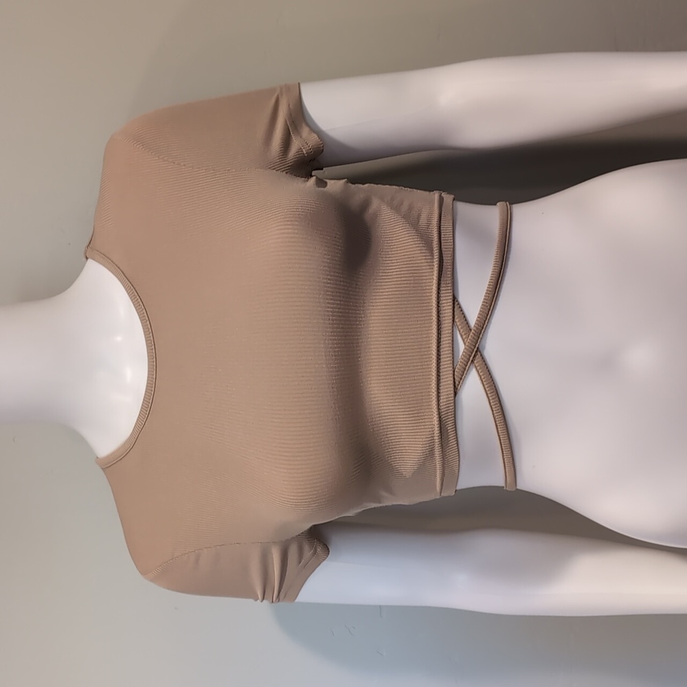 SHEIN Tan Neutral Short Sleeve Crew Neck Tie Waist Ribbed Crop Top Size XS